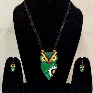 Handcrafted Terracotta Owl Pendant Set with Black Thread Necklace & Matching Earrings