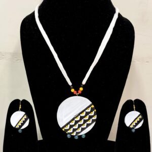 Hand-Painted Terracotta Round Pendant Set with White Thread Necklace & Earrings