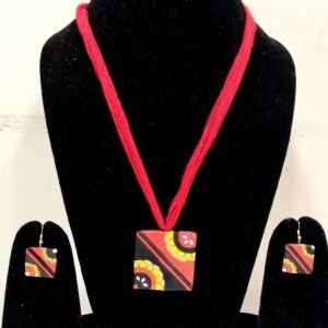 Hand-Painted Terracotta Pendant Set with Thread Necklace & Matching Earrings