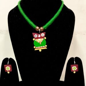 Handcrafted Green Owl Pendant Necklace Set with Matching Earrings