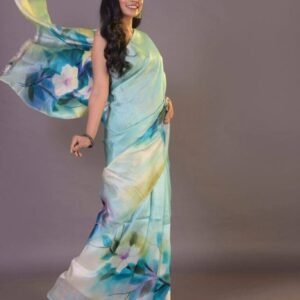 Aqua Serenity Semi Murshidabad Bapta Silk Saree – Handblock Floral Elegance with Blouse