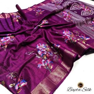 Deep Purple Handcrafted Bapta Silk Saree with Digital Floral Design & Matching Blouse Piece – Free Size Elegance