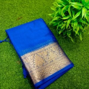 Elegant Handcrafted Blue Maslin Organza Saree with Golden Zari Border & Matching Blouse Piece – Free Size