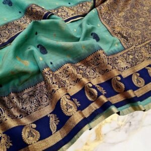 Aqua Teal Handwoven Mahabalipuram Silk Saree with Navy Blue Antique Gold Zari Border