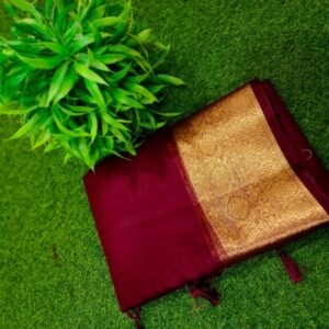 Elegant Handcrafted Maroon Maslin Organza Saree with Golden Border & Matching Blouse Piece