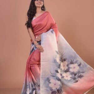 Blush Mist Semi Murshidabad Bapta Silk Saree – Pink & Light Blue-Grey with White Floral Handblock Prints + Blouse