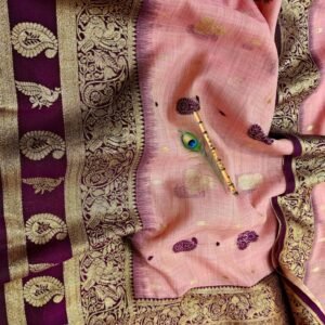 Blush Peach Handwoven Mahabalipuram Silk Saree with Deep Wine Gold Zari Contrast Border