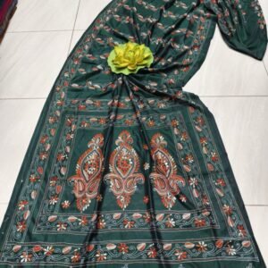 Bottle Green Assam Silk Saree with All-Over Handcrafted Kantha Stitch