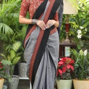Elegant Grey Handcrafted Ajrakh Saree with Black Pallu and Traditional Motifs