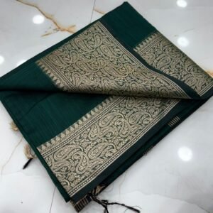 Bottle Green Slub Silk Handcrafted Saree with Antique Gold Paisley Woven Border & Pallu – Elegant Traditional Festive Saree with Blouse Piece