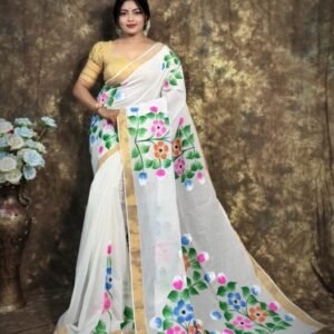 Floral Radiance: White Kerala Cotton Saree with Hand-Painted Art & Golden Border